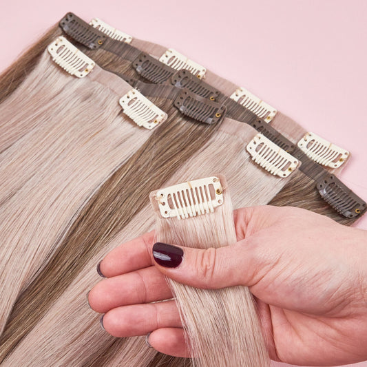 clip in human hair extensions seamless luxe silver+M8/613
